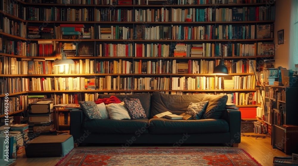 Cozy Living Room with Bookshelves and Comfortable Sofa at Night Cozy Living Room with Bookshelves and Comfortable Sofa at Night