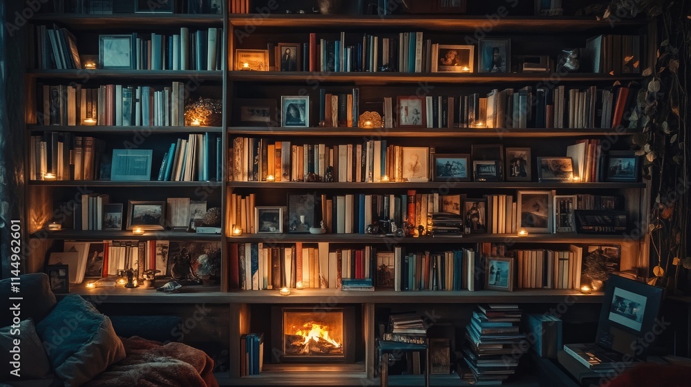 Cozy library with warm glow from candles and fireplace at dusk Cozy library with warm glow from candles and fireplace at dusk