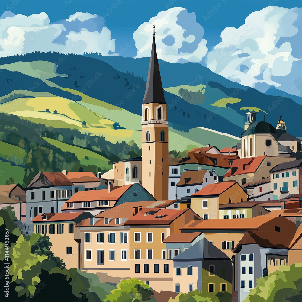 Obraz premium Illustration, Cityscape of Brixen, Bressanone in Italy, Italian alps. Touristic advertisement poster. Promotional touristic poster. Beautiful city in Italy. Must-see tourist travel destination. Mediev