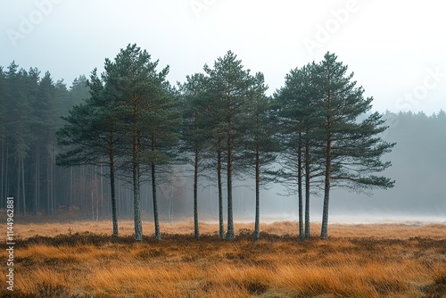 A row of trees are standing in a field photo