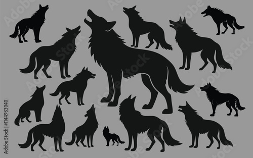 Silhouettes of Wolves in Various Poses