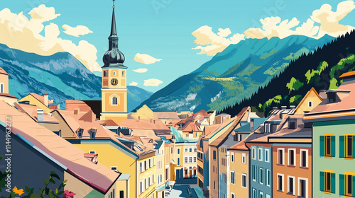 Illustration, Cityscape of Brixen, Bressanone in Italy, Italian alps. Touristic advertisement poster. Promotional touristic poster. Beautiful city in Italy. Must-see tourist travel destination. Mediev