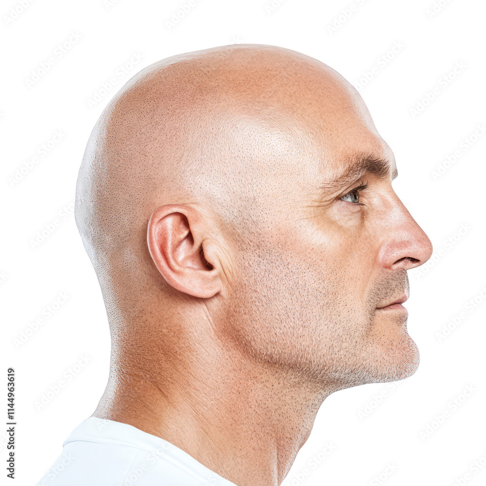 Fototapeta premium Photorealistic profile portrait of bald middle-aged man with short stubble beard isolated on white background depicting concepts like masculinity aging skincare hair loss and alopecia male pattern