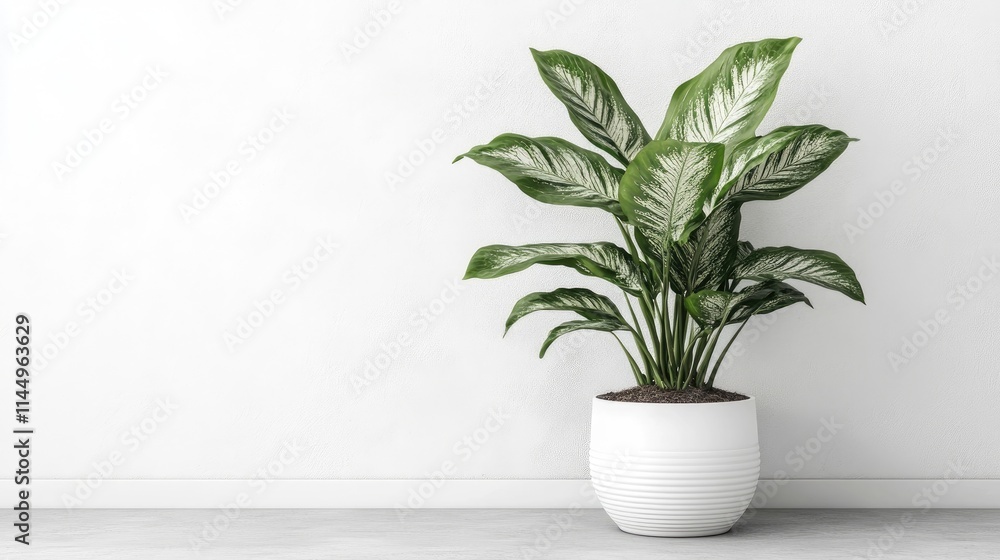 Green Leafy Plant in Modern White Pot on Clean Minimalist Surface Green Leafy Plant in Modern White Pot on Clean Minimalist Surface