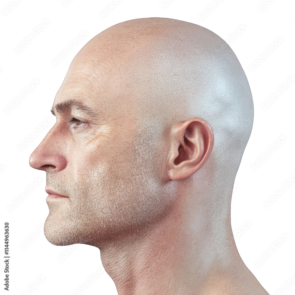Obraz premium Mature bald man portrait profile view hairless head skin texture wrinkles aging process alopecia baldness treatment concept isolated on white background