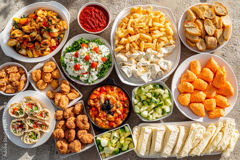 Delightful feast featuring a vibrant array of dishes perfect for a summer gathering Delightful feast featuring a vibrant array of dishes perfect for a summer gathering