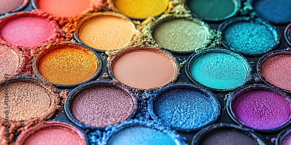 Palette of vibrant eyeshadow colors displayed on a bright white background, with each shade perfectly intact and ready for application, emphasizing variety and creativity. Palette of vibrant eyeshadow colors displayed on a bright white background, with each shade perfectly intact and ready for application, emphasizing variety and creativity.