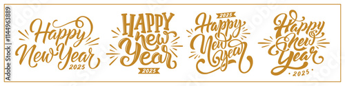 Vector set hand drawn Happy new year vintage style typography in monochrome color