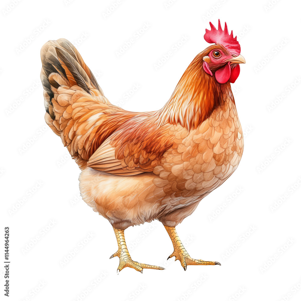 Fototapeta premium Brown hen chicken poultry bird fowl standing isolated on white background farm animal livestock agriculture natural organic food healthy diet protein meat Easter decoration symbol feather beak comb