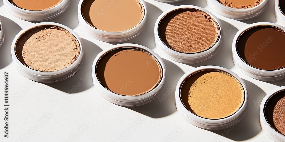 Range of contour and highlight creams in neutral and warm skin tones displayed in oval pans on a clean white background, designed for professional beauty applications. Range of contour and highlight creams in neutral and warm skin tones displayed in oval pans on a clean white background, designed for professional beauty applications.