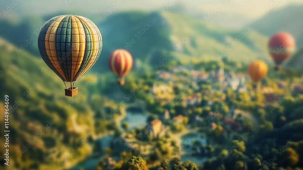 Fototapeta premium A bunch of hot air balloons are flying over a city. There are four balloons in total. One of them is yellow and blue, another is red and yellow, and the third is red and green