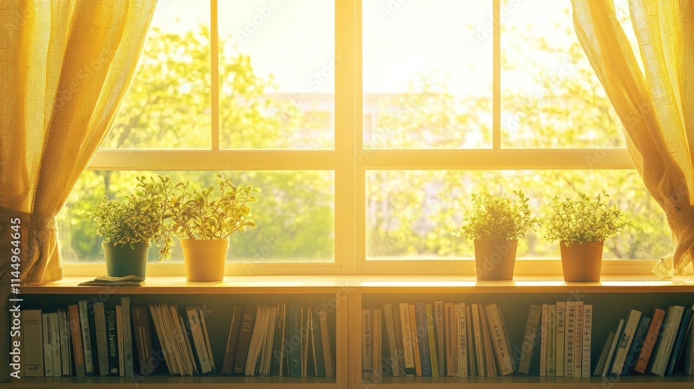 Fototapeta premium Bright Cozy Window with Potted Plants and Bookshelf in Sunlight