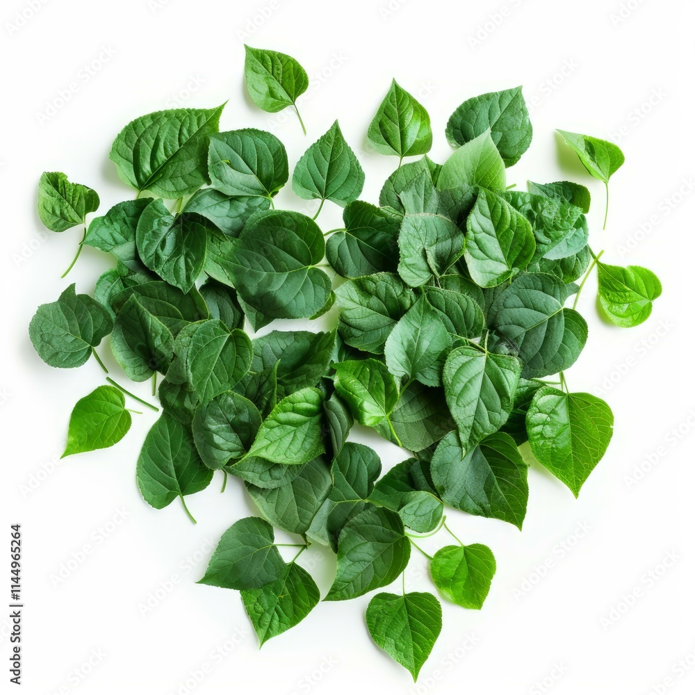 Many green leaves forming a heart shape over a white background Many green leaves forming a heart shape over a white background