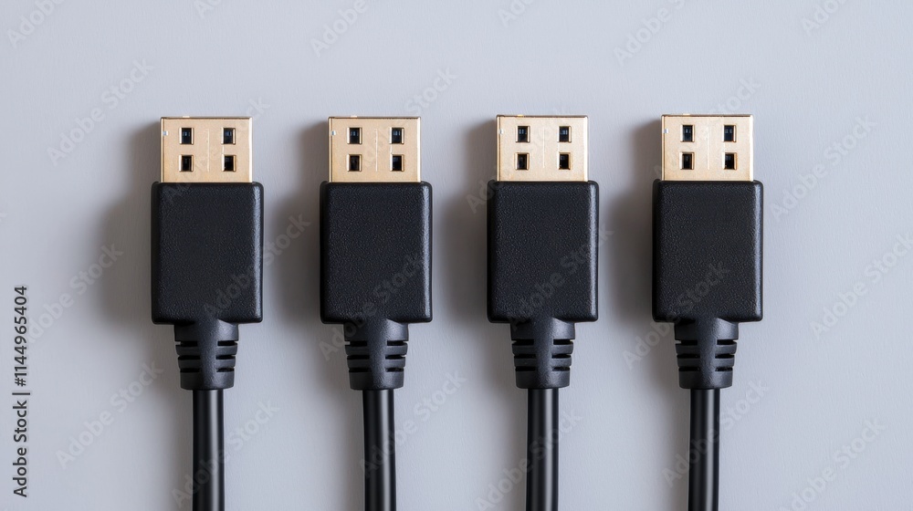 Ethernet network and efficiency concept, Four black USB cables with gold connectors laid out neatly against a gray background. Ethernet network and efficiency concept, Four black USB cables with gold connectors laid out neatly against a gray background.