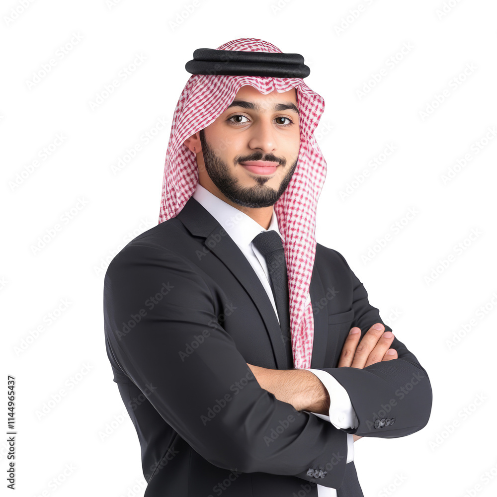 Young handsome arab businessman in suit and keffiyeh posing with arms crossed isolated on white background business success leadership wealth confidence elegance and professionalism concept Young handsome arab businessman in suit and keffiyeh posing with arms crossed isolated on white background business success leadership wealth confidence elegance and professionalism concept