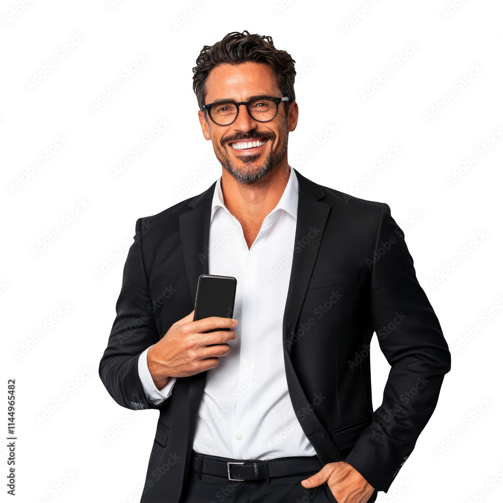 Smiling businessman in black suit holding mobile phone isolated on white background handsome mature man wearing eyeglasses using smartphone happy entrepreneur boss executive manager professional Smiling businessman in black suit holding mobile phone isolated on white background handsome mature man wearing eyeglasses using smartphone happy entrepreneur boss executive manager professional