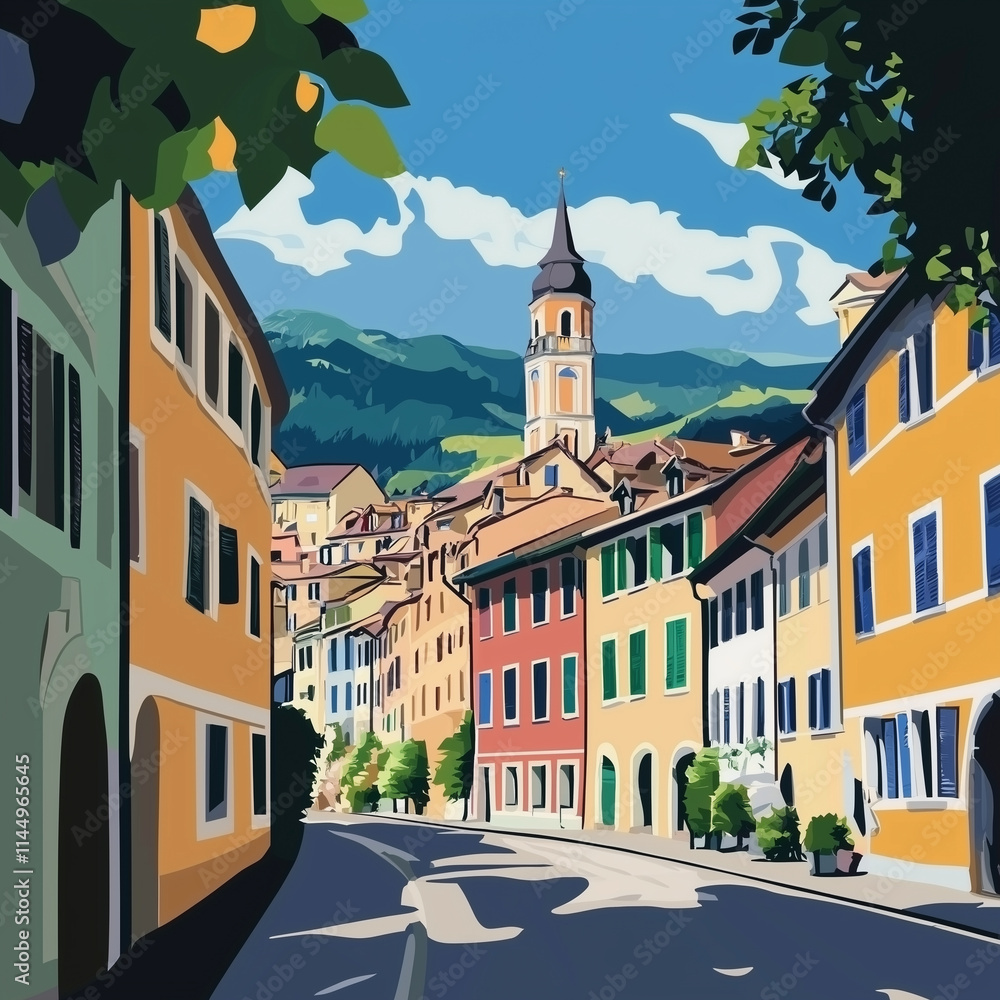 Naklejka premium Illustration, Cityscape of Brixen, Bressanone in Italy, Italian alps. Touristic advertisement poster. Promotional touristic poster. Beautiful city in Italy. Must-see tourist travel destination. Mediev