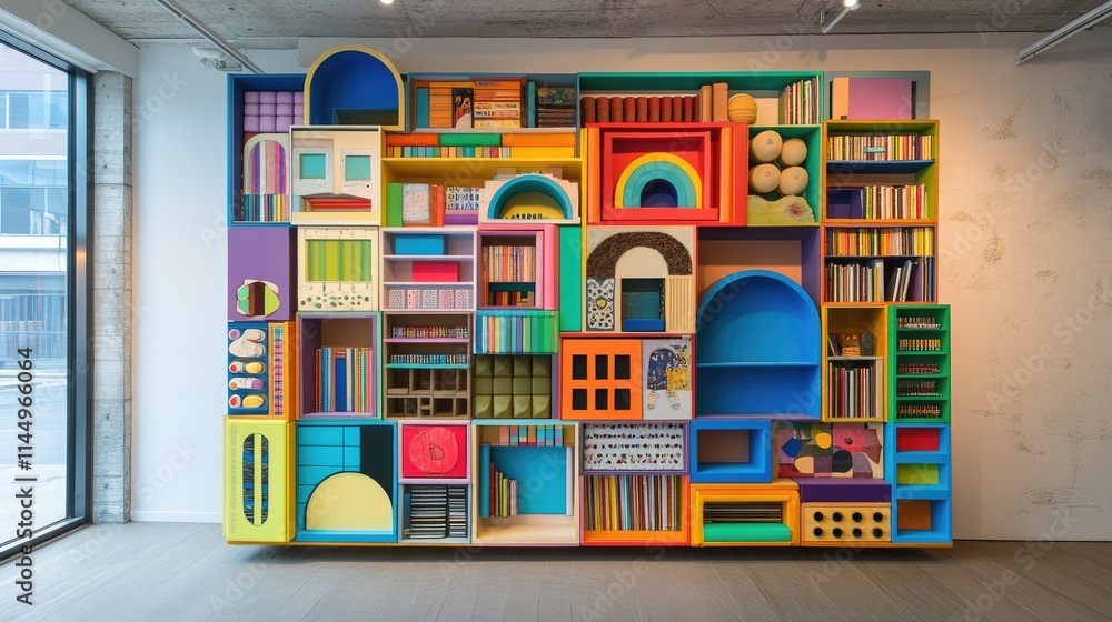 Vibrant Colorful Wall Display of Creative Shelving Units Vibrant Colorful Wall Display of Creative Shelving Units