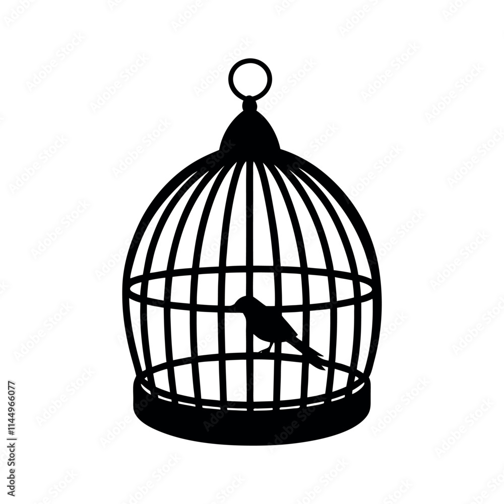 Silhouette of a bird in a cage, symbolizing confinement. Silhouette of a bird in a cage, symbolizing confinement.