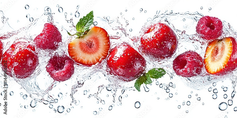 Fresh strawberries and raspberries splashing through crystal-clear water with vibrant droplets frozen mid-air, symbolizing freshness, health, and vitality, ideal for food and beverage concepts. Fresh strawberries and raspberries splashing through crystal-clear water with vibrant droplets frozen mid-air, symbolizing freshness, health, and vitality, ideal for food and beverage concepts.