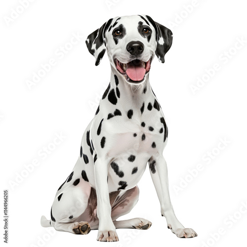 Dalmatian dog sitting and panting isolated on white background playful happy purebred canine domestic animal pet portrait studio shot mammal adorable friendly spotted coat black and white fur
