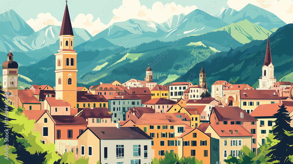 Obraz premium Illustration, Cityscape of Brixen, Bressanone in Italy, Italian alps. Touristic advertisement poster. Promotional touristic poster. Beautiful city in Italy. Must-see tourist travel destination. Mediev