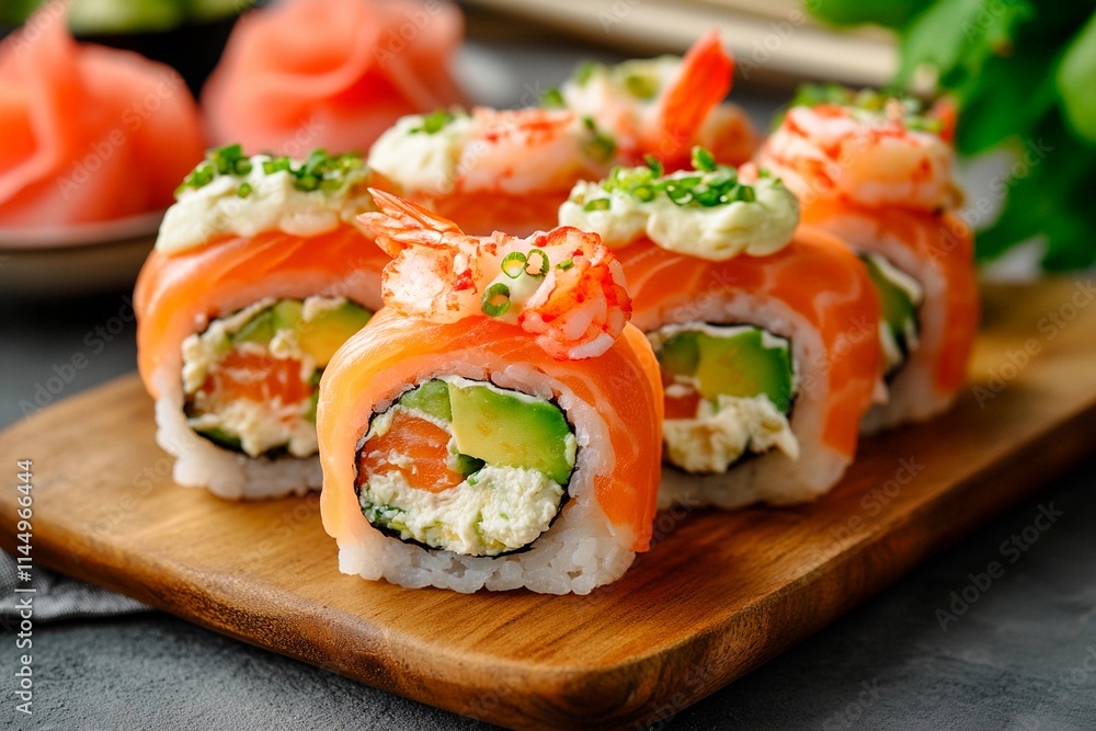 Delightful sushi rolls showcasing vibrant ingredients and artistic presentation Delightful sushi rolls showcasing vibrant ingredients and artistic presentation