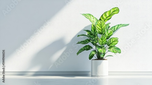 Lush Green Plant in White Pot Against Bright Wall and Floor