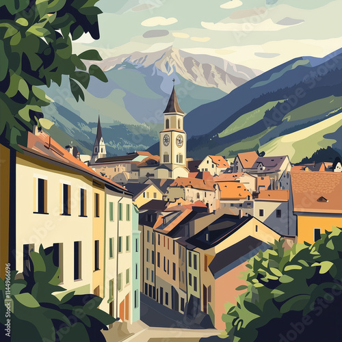 Illustration, Cityscape of Brixen, Bressanone in Italy, Italian alps. Touristic advertisement poster. Promotional touristic poster. Beautiful city in Italy. Must-see tourist travel destination. Mediev