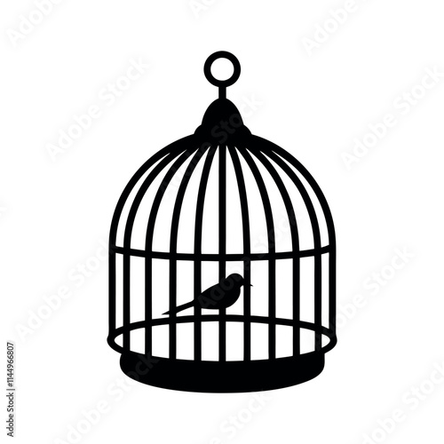 Silhouette of a bird in a cage, symbolizing confinement.