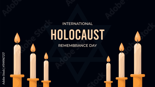 Horizontal Holocaust Remembrance Day on dark background.Web banner design with lit candles and David's star.