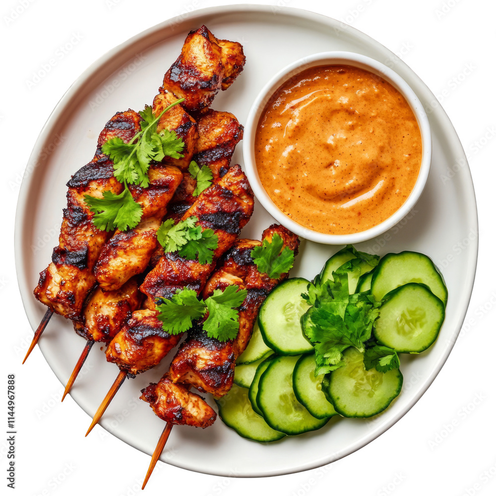 Fototapeta premium Grilled chicken skewers with peanut sauce cucumber and cilantro garnish on a white plate isolated on white background overhead view Asian cuisine meal protein rich lunch or dinner healthy food
