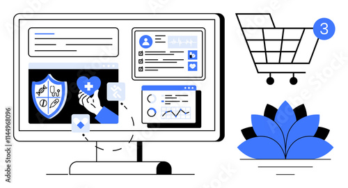 Monitor displaying health records, graphs, and wellness icons. Nearby, a shopping cart with three items and a wellness symbol. Ideal for healthcare, e-commerce, wellness, technology telemedicine