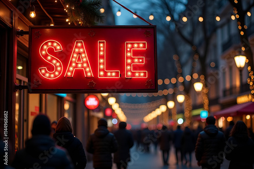 A large red Christmas SALE sign hanging in a crowded urban street at night, banner, poster, header, created with generative ai