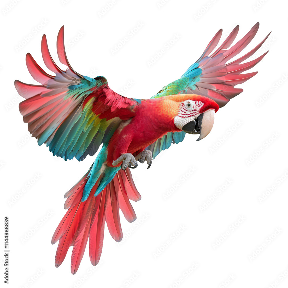Obraz premium Scarlet Macaw Parrot Flying Isolated on White Background Colorful Bird Freedom Wildlife Animal Nature Ornithology Tropical Rainforest Exotic Plumage Wings Spread Beautiful Scarlet Macaw in Flight