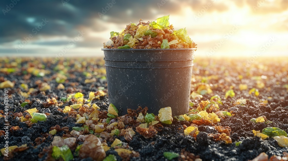 Compost in a black pot outdoors at sunset. Compost in a black pot outdoors at sunset.