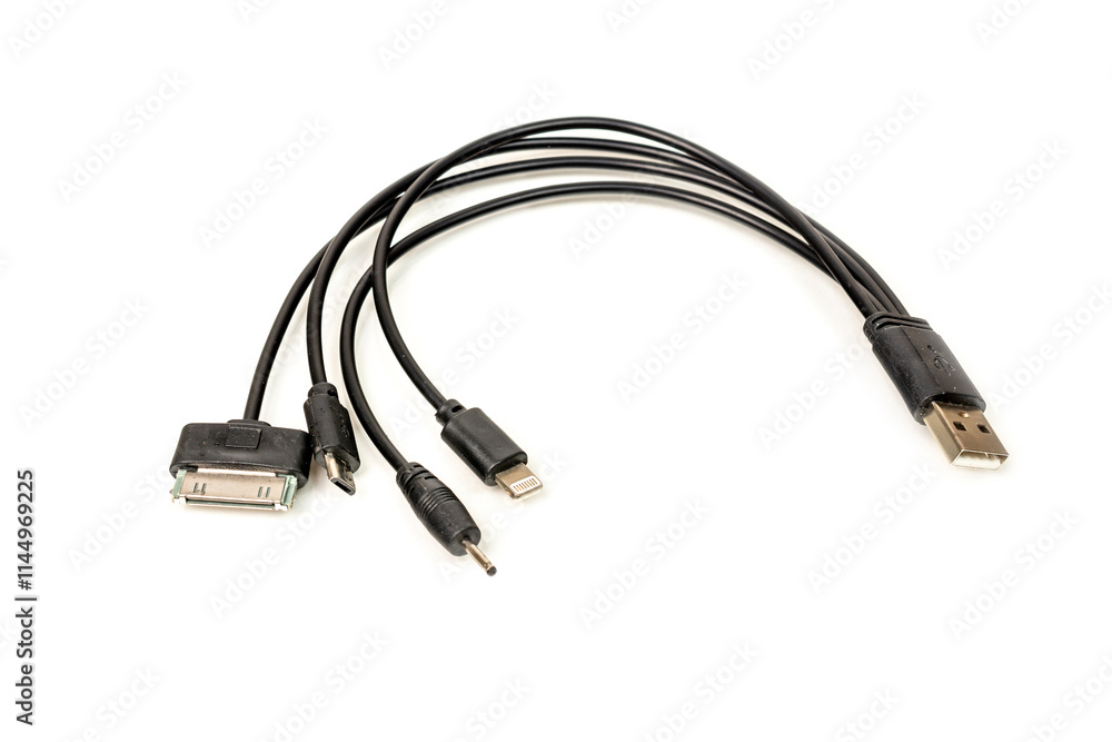 Electronic cable for connecting various devices and equipment close-up on a white background, copy space, inscription space Electronic cable for connecting various devices and equipment close-up on a white background, copy space, inscription space