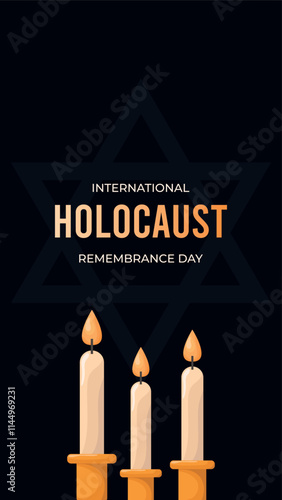 Vertical Holocaust Remembrance Day on dark background.Web banner design with lit candles and David's star.