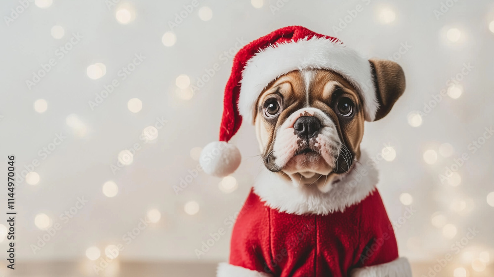 A wrinkly Bulldog puppy wearing a festive Santa Claus costume, its playful expression standing out against a plain background with soft golden holiday lighting. A wrinkly Bulldog puppy wearing a festive Santa Claus costume, its playful expression standing out against a plain background with soft golden holiday lighting.