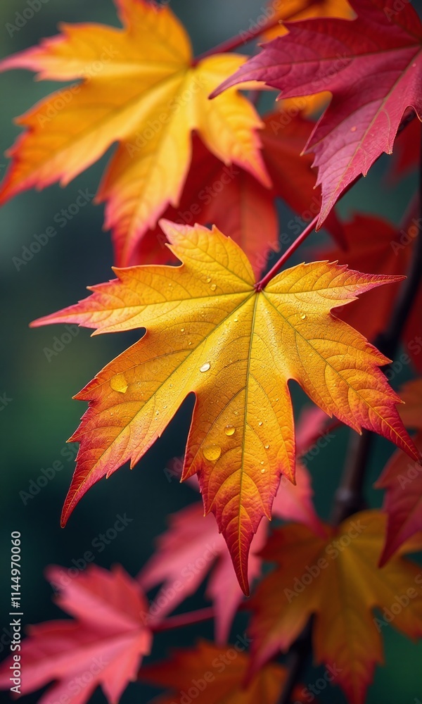 Vibrant autumn leaves colorful maple foliage water droplets Vibrant autumn leaves colorful maple foliage water droplets