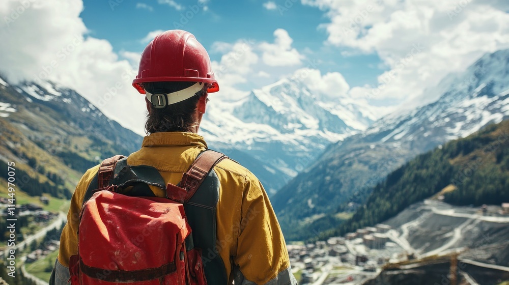 Worker gazing at mountain landscape. Worker gazing at mountain landscape.