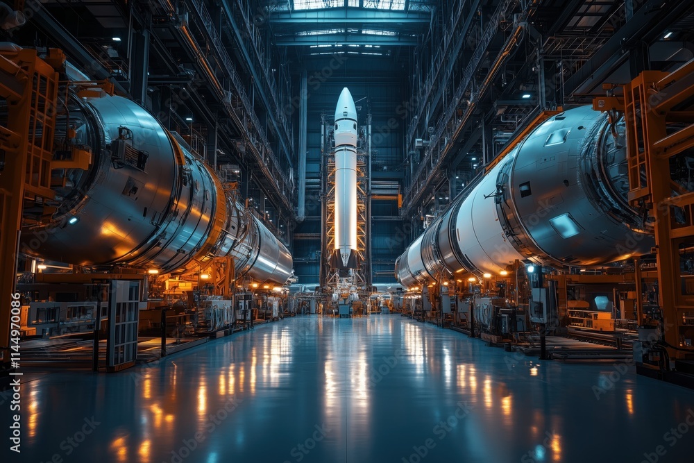 Massive rocket standing in spacious industrial facility surrounded by heavy machinery and equipment. Bright lighting highlighting detailed structure of space vehicle Massive rocket standing in spacious industrial facility surrounded by heavy machinery and equipment. Bright lighting highlighting detailed structure of space vehicle