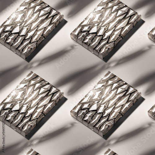 Seamless decorative pattern with embossed geometric shapes in silver tones for stylish design applications