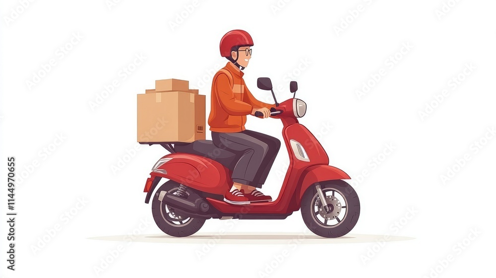 Delivery person riding a red scooter with packages. Delivery person riding a red scooter with packages.
