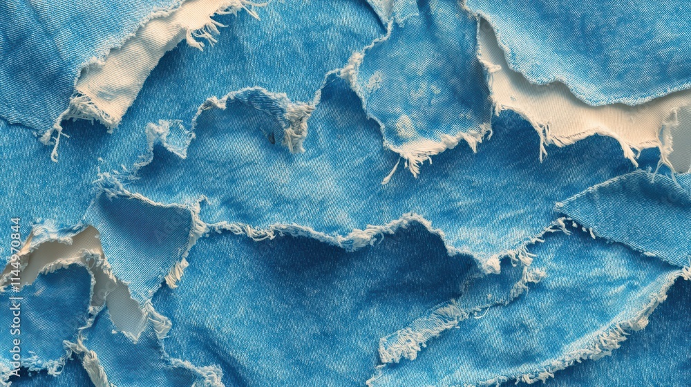 Blue Fabric Texture with Frayed Edges and Torn Denim Pieces