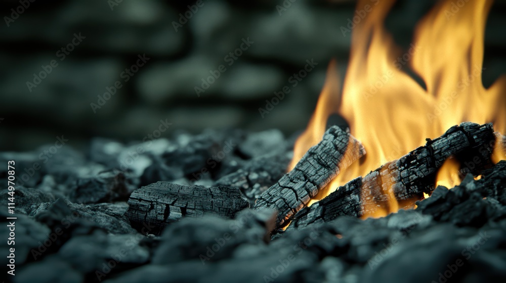 Glowing Flames and Charred Wood in a Campfire Setting Glowing Flames and Charred Wood in a Campfire Setting