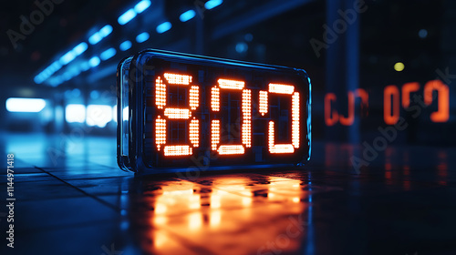 Digital (adj) – A digital clock displaying the time in bright LEDs, 8K, hyper-realisti photo