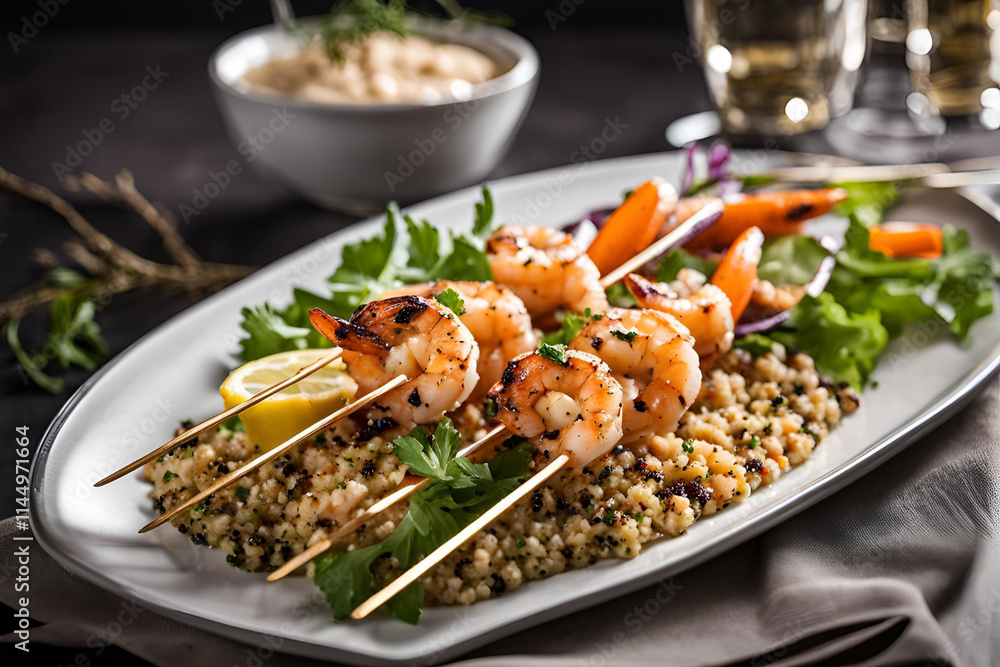 Grilled shrimp skewer with a garlic lemon butter sauce, accompanied by a quinoa salad and a side of roasted baby carrots, beautifully plated on a white dish. Grilled shrimp skewer with a garlic lemon butter sauce, accompanied by a quinoa salad and a side of roasted baby carrots, beautifully plated on a white dish.