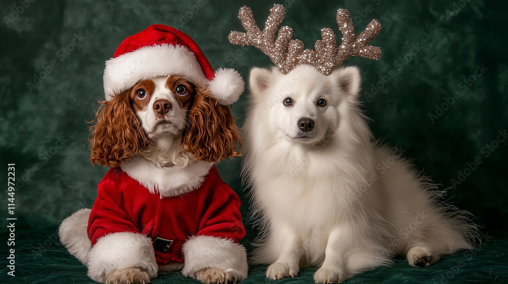 A Cavalier King Charles Spaniel in a Santa Claus outfit, sitting elegantly beside a fluffy Samoyed in a reindeer costume, with sparkling antlers, on a plain dark green background. A Cavalier King Charles Spaniel in a Santa Claus outfit, sitting elegantly beside a fluffy Samoyed in a reindeer costume, with sparkling antlers, on a plain dark green background.