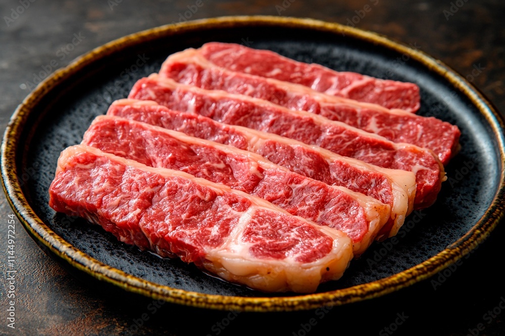 Juicy slices of premium beef arranged on a black plate ready for a delicious grill experience Juicy slices of premium beef arranged on a black plate ready for a delicious grill experience